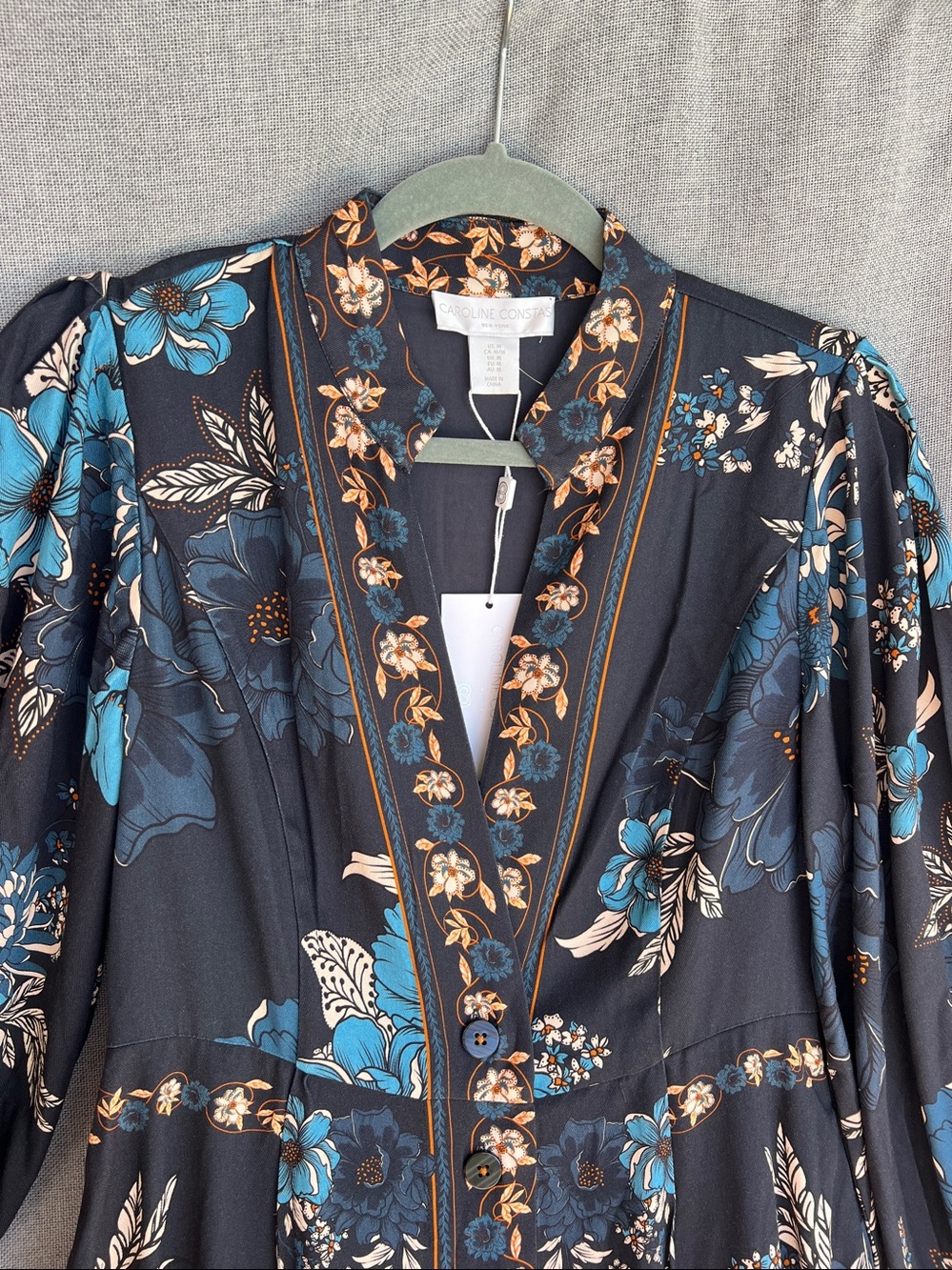 Caroline Constas rayon floral boho long sleeve button down MIDI dress navy - Picture 4 of 16